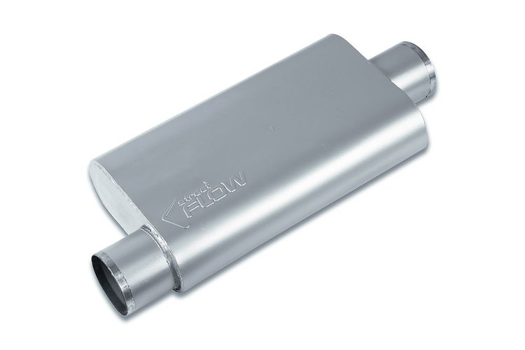Street-Series Street Flow Muffler, 3-Chamber, Inlet/Outlet: 3.500 in., Offset In/Center Out [Satin Finish]