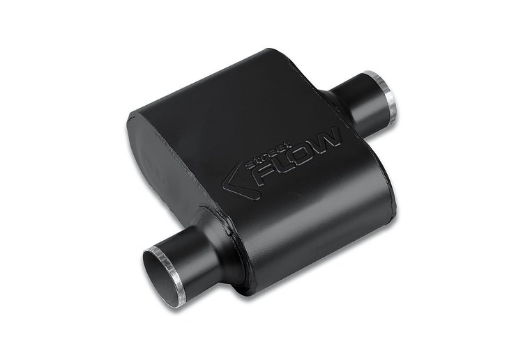 Street-Series Street Flow Muffler, 1-Chamber, Inlet/Outlet: 2.250 in./2.250 in., Offset In/Center Out [Black Powder-Coat Finish]