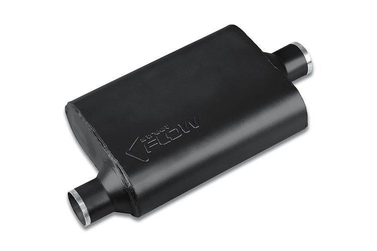 Street-Series Street Flow Muffler, 2-Chamber, Inlet/Outlet: 2.250 in./2.250 in., Offset In/Center Out [Black Powder-Coat Finish]