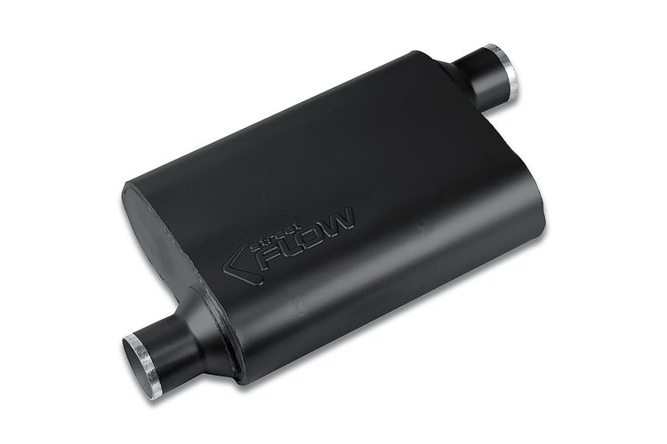 Street-Series Street Flow Muffler, 2-Chamber, Inlet/Outlet: 2.250 in./2.250 in., Offset In/Offset Out [Black Powder-Coat Finish]