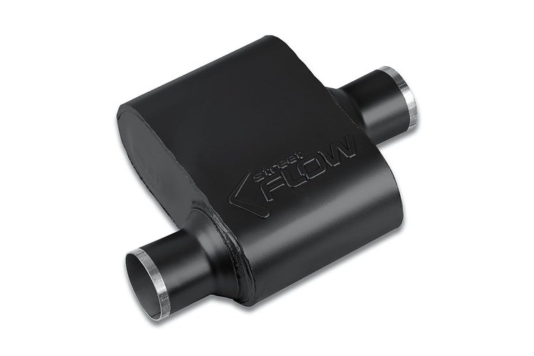 Street-Series Street Flow Muffler, 1-Chamber, Inlet/Outlet: 2.500 in./2.500 in., Offset In/Center Out [Black Powder-Coat Finish]