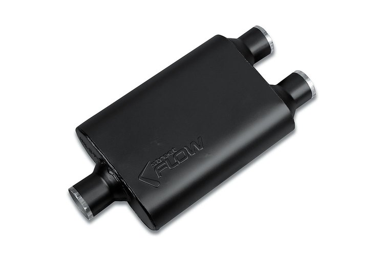 Street-Series Street Flow Muffler, 2-Chamber, Inlet/Outlet: 2.500 in./2.250 in., Center In/Dual Out [Black Powder-Coat Finish]