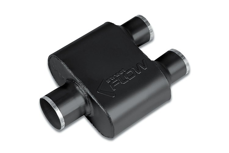 Street-Series Street Flow Muffler, 1-Chamber, Inlet/Outlet: 3 in./2.500 in., Center In/Dual Out [Black Powder-Coat Finish]