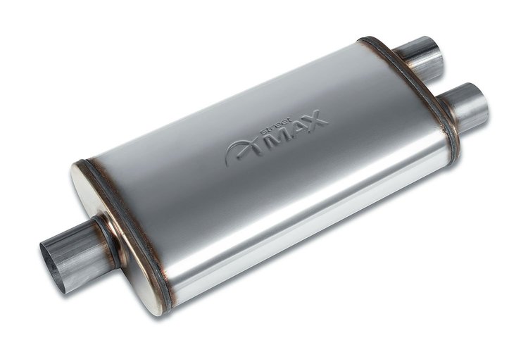 Street-Series Street Max Muffler, Straight-Through, Inlet/Outlet: 2.500 in./2.250 in., Center In/Dual Out [Natural Finish]
