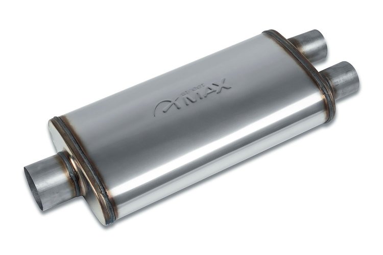 Street-Series Street Max Muffler, Straight-Through, Inlet/Outlet: 3 in./2.250 in., Center In/Dual Out [Natural Finish]