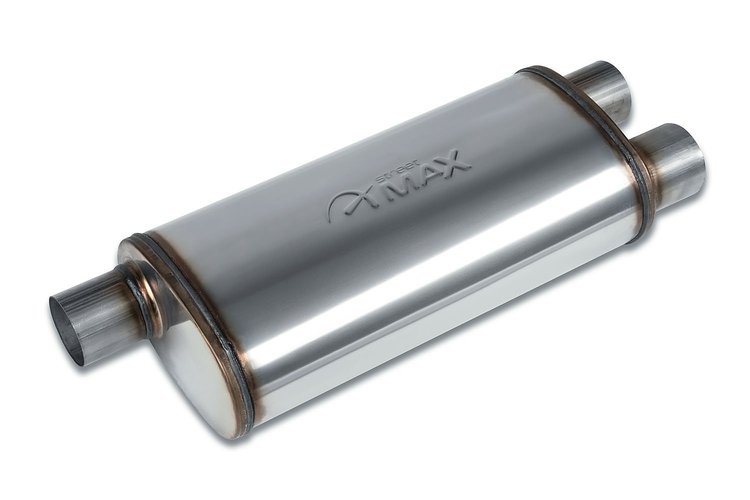 Street-Series Street Max Muffler, Straight-Through, Inlet/Outlet: 3 in./2.500 in., Offset In/Dual Out [Natural Finish]