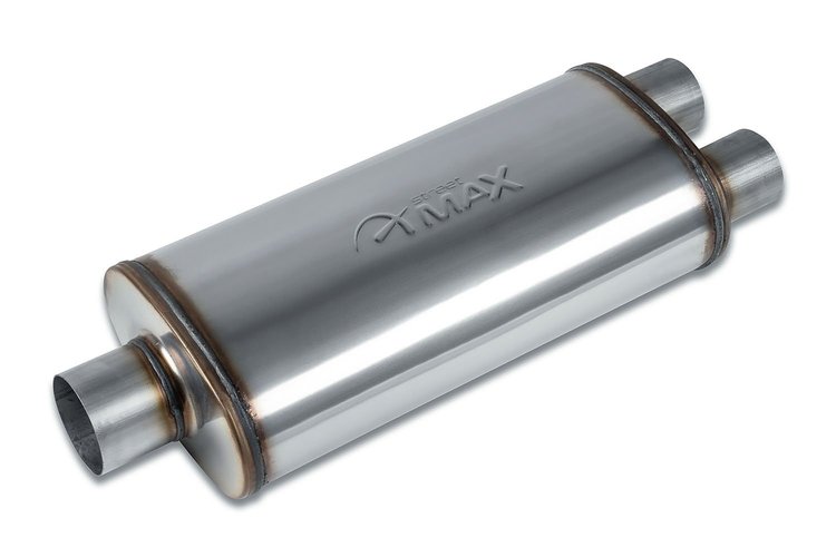 Street-Series Street Max Muffler, Straight-Through, Inlet/Outlet: 3 in./2.500 in., Center In/Dual Out [Natural Finish]