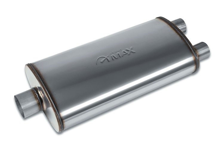 Street-Series Street Max Muffler, Straight-Through, Inlet/Outlet: 3 in./2.500, Center In/Dual Out [Natural Finish]