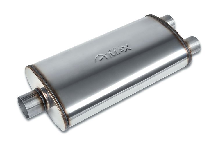 Street-Series Street Max Muffler, Straight-Through, Inlet/Outlet: 3 in./2.500, Center In/Dual Out [Natural Finish]