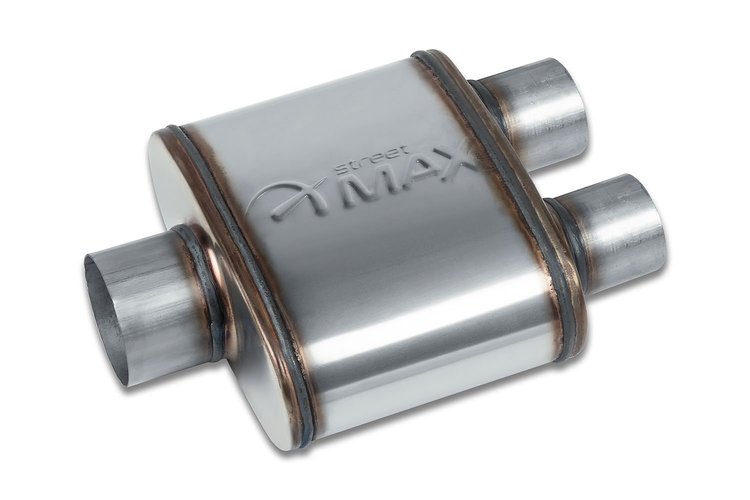 Street-Series Street Max Muffler, Straight-Through, Inlet/Outlet: 3 in./2.250 in., Center In/Dual Out [Natural Finish]