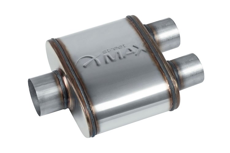 Street-Series Street Max Muffler, Straight-Through, Inlet/Outlet: 2.500 in./2.250 in., Center In/Dual Out [Natural Finish]