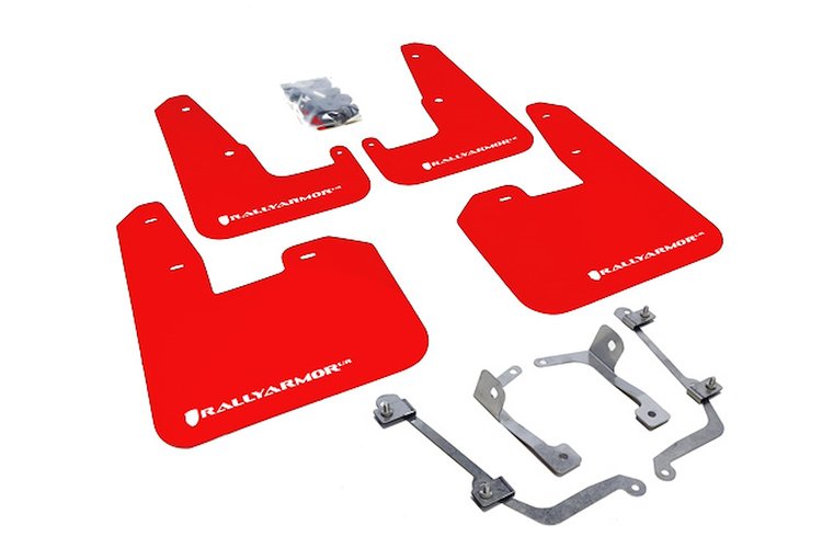 MF15URRDWH Mud Flap Kit for 2011-2014 Subaru WRX Hatchback / 2008-2014 Subaru STI Hatchback - Red Mud Flap/White Logo