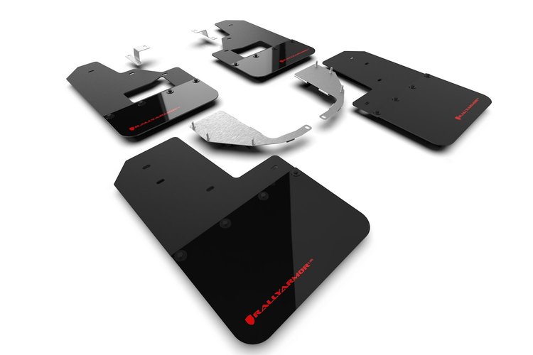 MF85RBSTRD Mud Flap Kit Fits Select Ford Bronco with Factory Running Boards and Steel Rear Bumper - Red Logo