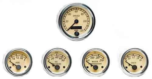 Heritage Chrome 5 Gauge Kit with Ford Transmission Sender and 3 3/8 Speedometer