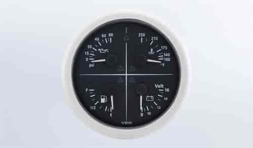Viewline Onyx Quad Gauge 8-16V/80 PSI/250 F/E-F Fuel. 5 Dial 4 3/8 110mm Mounting 12V. Use with VDO senders