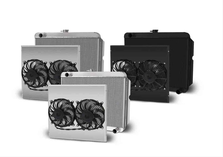 Direct-Fit Satin Aluminum Radiator with Dual Fans and Polished Shroud [Chrysler A-Body, B-Body, E-Body]