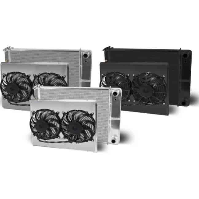 Direct-Fit LS Swap Satin Aluminum Radiator with Dual Fans and Shroud [1973-1981 Chevy/GMC Truck, Blazer, Jimmy, Suburban]