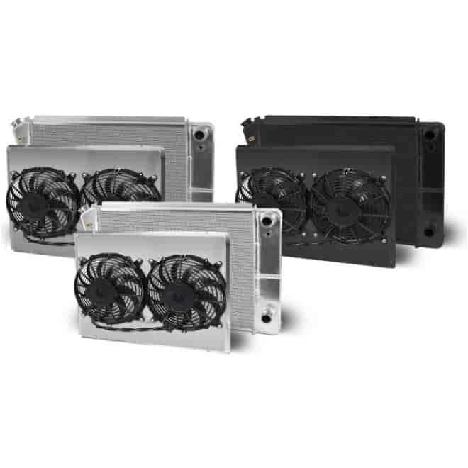 Direct-Fit LS Swap Black Aluminum Radiator with Dual Fans and Shroud [1967-1972 Chevy/GMC Truck, Blazer, Jimmy]