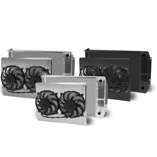 Direct-Fit LS Swap Black Aluminum Radiator with Dual Fans and Shroud [1966-1967 Chevy Chevelle]