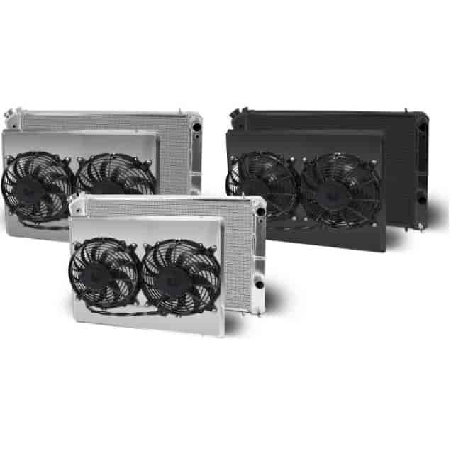 Direct-Fit LS Swap Satin Aluminum Radiator with Dual Fans and Shroud [1970-1981 Pontiac Firebird Trans Am]