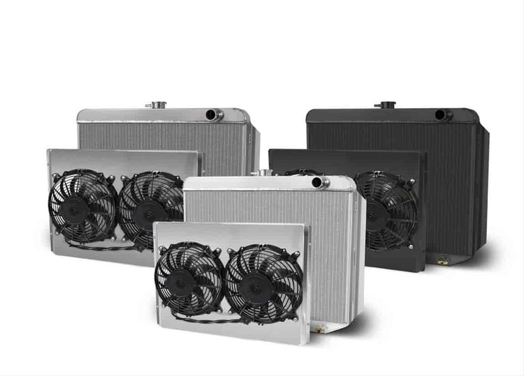 Direct-Fit Polished Aluminum Radiator with Dual Fans and Shroud [Chrysler A-Body, B-Body, E-Body]