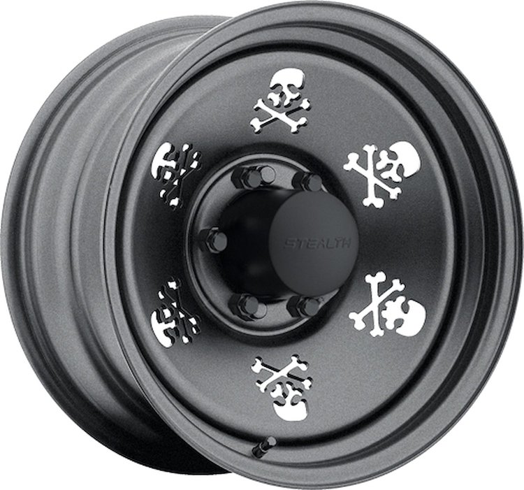 Skull Gunmetal 15 X 5 5 X 45 Bolt Circle 2 14 Back Spacing 19 offset 33 Center Bore 1500 lbs Load Rating