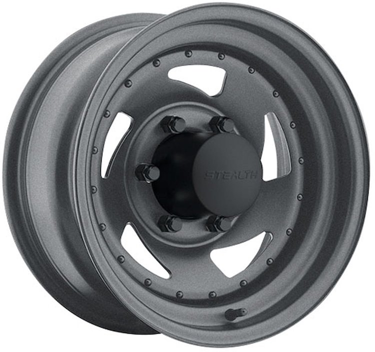 STEALTH GUNMETAL BLADE 15 x 8 5 x 5 Bolt Circle 375 Back Spacing 19 offset 33 Center Bore 1500 lbs Load Rating