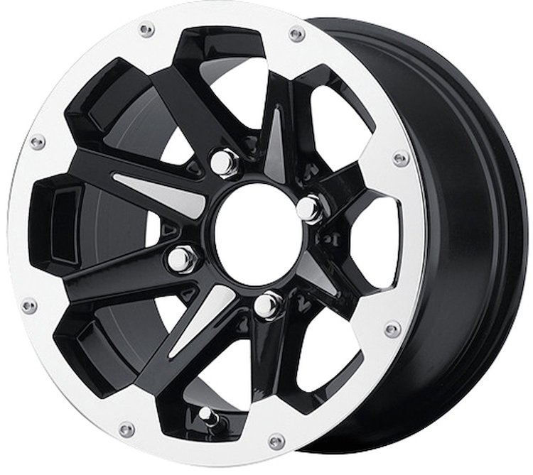 BLACK & MACHINED RAPTOR ATV 14 x 7 4 x 110 Bolt Circle NA Back Spacing 4+3 offset 86 Center Bore 1000 lbs Load Rating