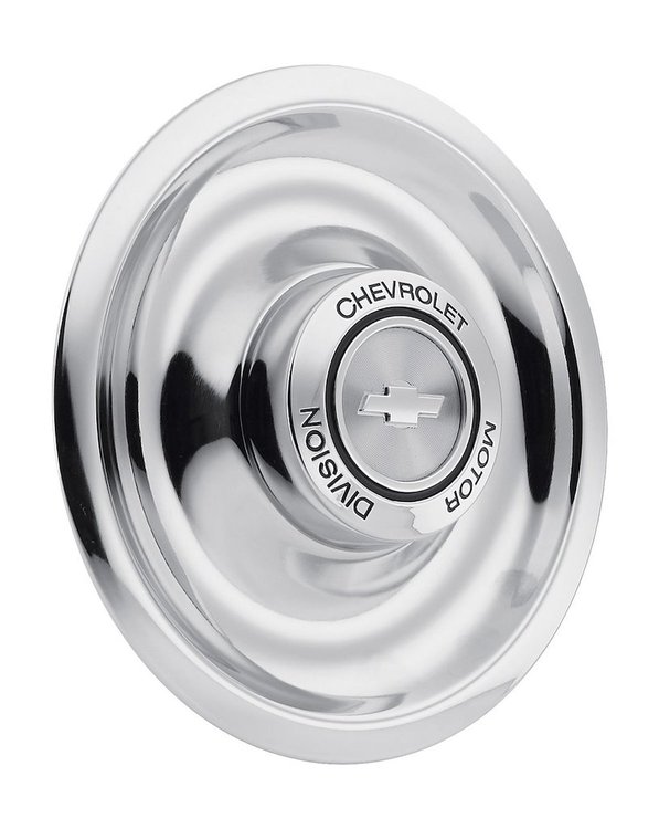 Disc Brake Center Cap with Chrome Steel Base and CHEVROLET MOTOR DIVISION with Bow Tie Cap, Fits: Rallye Wheels