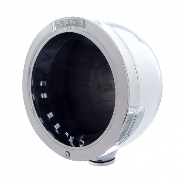 31702 Stainless Steel Bullet Half Moon Headlight No Bulb With LED Turn Signal - Clear Lens