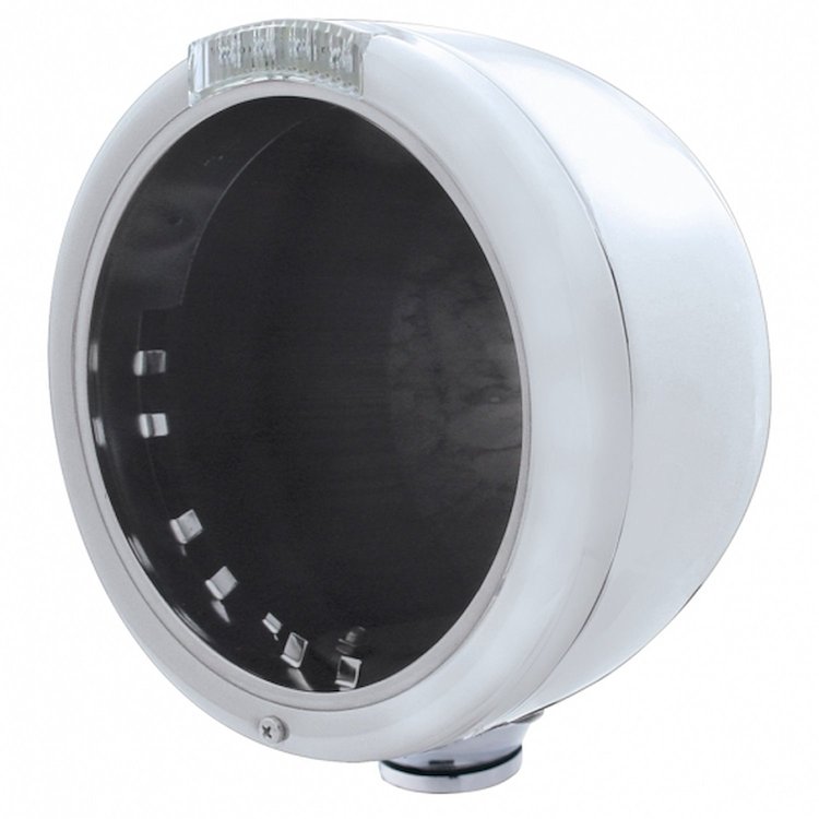 31717 Stainless Steel Classic Half Moon Headlight No Bulb With LED Turn Signal - Clear Lens