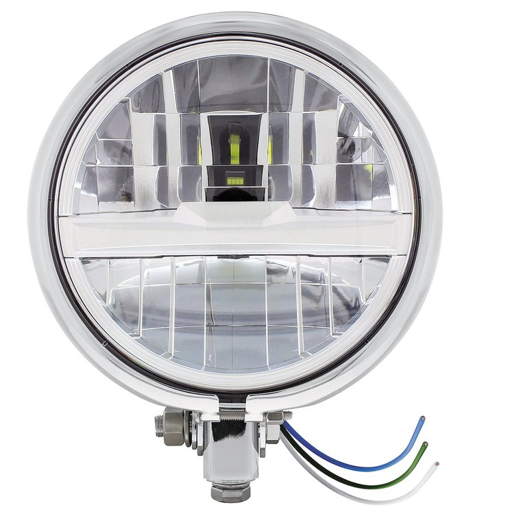 32803 Chrome 5-3/4 in. Motorcycle Headlight 8 LED Bulb With Silver Bar - Bottom Mount