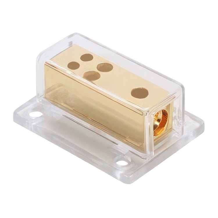 98438 Gold Distribution Block with, 1 4 AWG input and, 4 8 AWG outputs, Rectangular Shape 1 Pc.