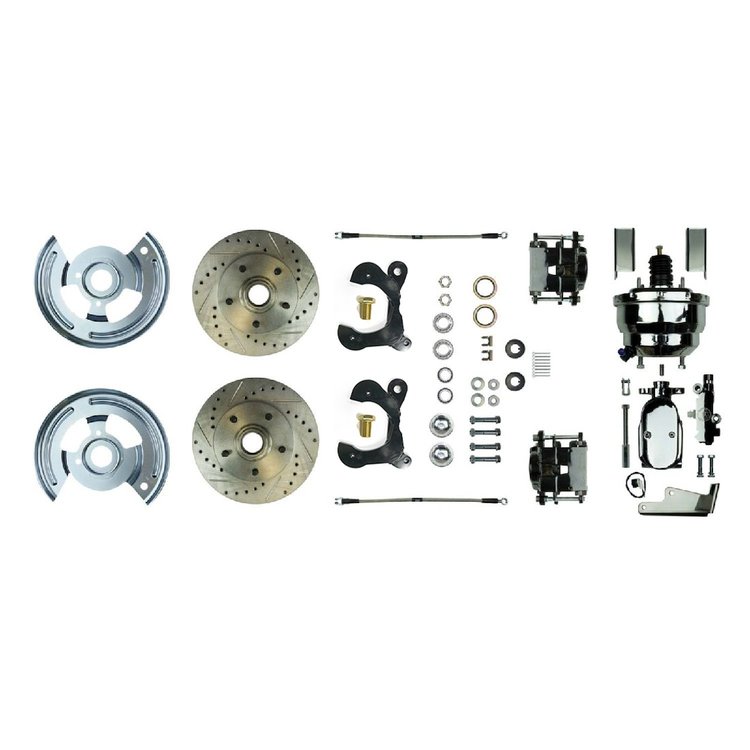55 - 57 Full Size Chevy Front Wheel Power Disc Conversion w/ Black Powder Coat Drilled Slotted Rotor