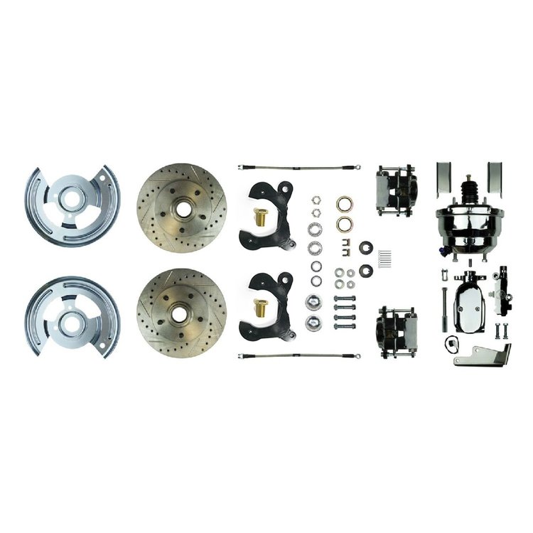 58 - 64 Full Size Chevy Front Wheel Power Disc Conversion w/ Black Powder Coat Drilled Slotted Rotor