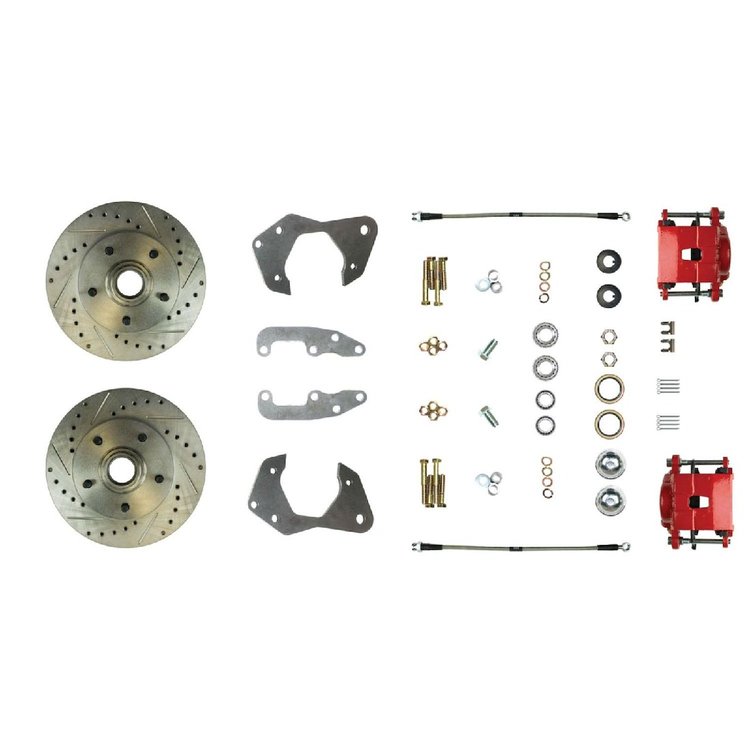 65 - 68 Full Size Chevy Disc Brake Wheel kit With Drilled and Slotted Rotors Red Powder Coated Calip