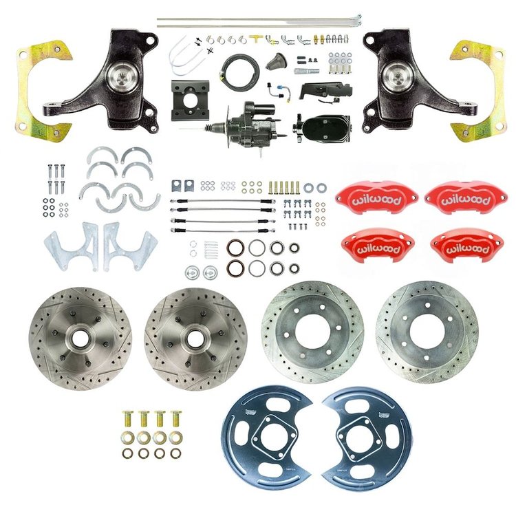THB6356DZYP 1963-1966 GM Truck 2 in. Drop Black Hydraulic Assist 4-Wheel Brakes, Red Wilwood Calipers