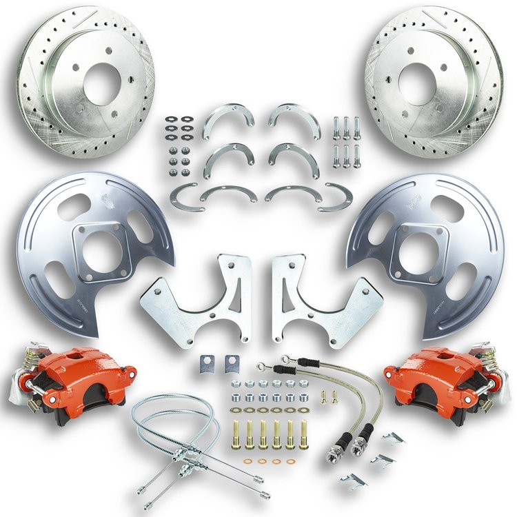 TRD4705Z GM 10 & 12-Bolt Rear Disc Brake Conversion Kit for 1971-1987 Chevy/GMC Trucks w/ 5 x 5 in. Lug Pattern [Red Calipers]