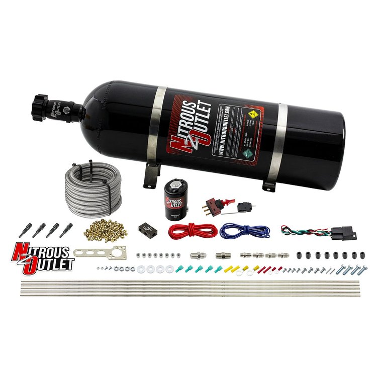 00-10360-15 Dry 4-Cyl Direct Port System, .122 Nitrous Solenoid/Distribution Block/90-Degree Nozzles, 50-250HP, 15lb Bottle