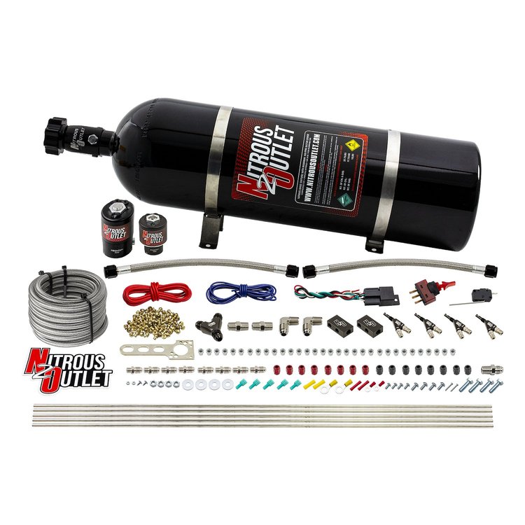 00-10362-15 4-Cyl Direct Port System, .122 Nitrous Solenoid/.177 Fuel Solenoid/Distribution Blocks/90-Degree Discharge Nozzles