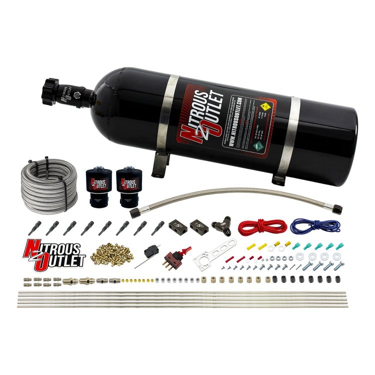 00-10432-T-15 Dry 8-Cyl Direct Port System, Two .178 Trashcan Nitrous Solenoids/Compact Distribution Blocks/Compression Fittings