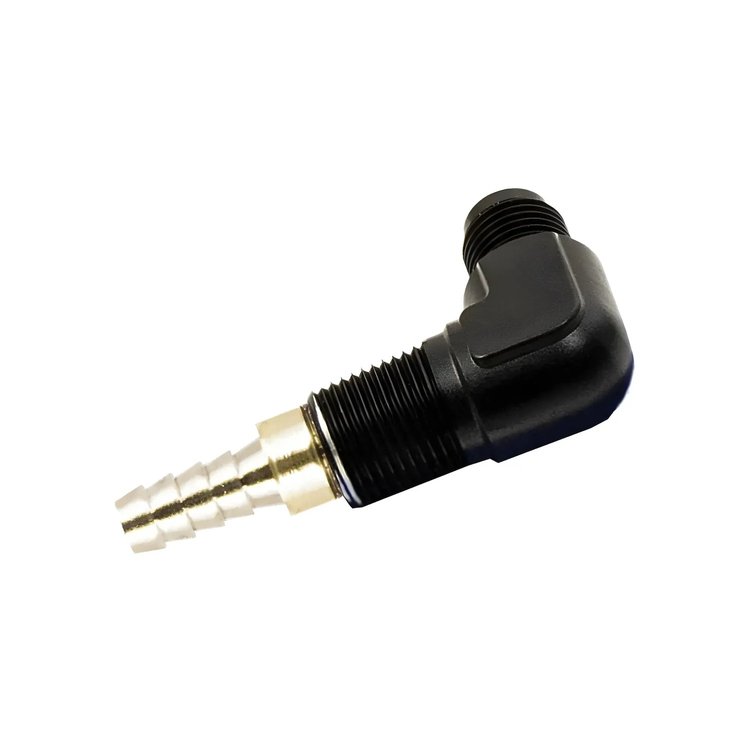 00-12510 Dedicated Fuel System Adapter Feed Fitting, 6AN x 5/16 in. Barb 90-Degree, Male/Male, 3/8 in. NPT Thread
