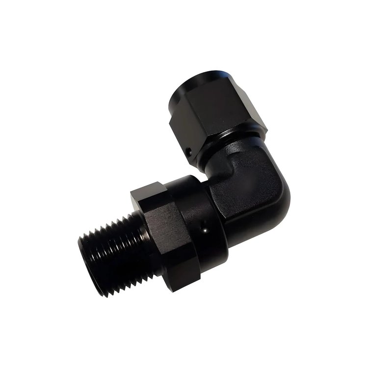 00-12532 90-Degree Swivel Fitting, 3/8 in. NPT x 8AN, Male/Female, Black