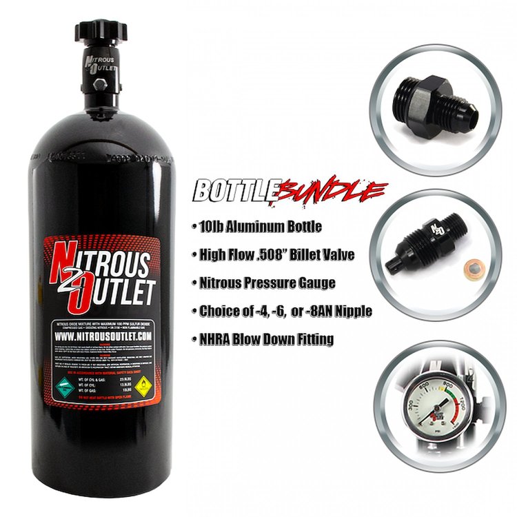 00-30140-4 10lb Bottle Bundle, .508 ID Billet Valve/4AN Nipple/NHRA Blow Off/Pressure Gauge
