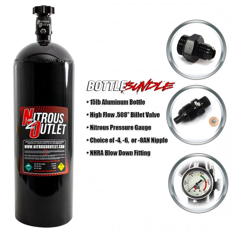 00-30170-4 15lb Bottle Bundle, .508 ID Billet Valve/4AN Nipple/NHRA Blow Off/Pressure Gauge