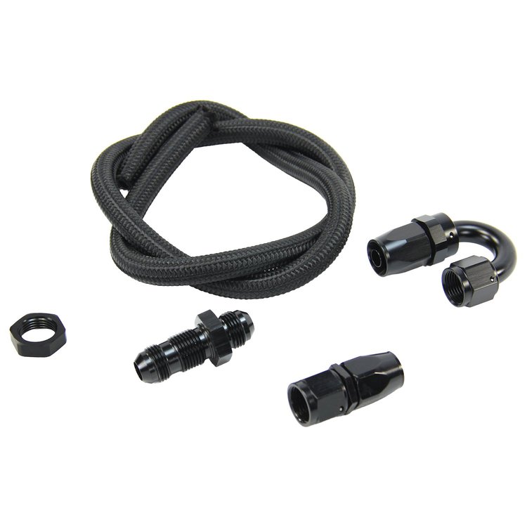 00-35040-B-S 8AN Pressure Relief Kit, 180-Degree to Straight Bulk Head/3' Steel Braided Hose/Black Fittings