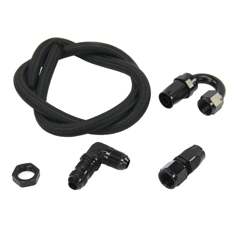 00-35040-B 8AN Pressure Relief Kit, 180-Degree to 90-Degree Bulk Head/3' Steel Braided Hose/Black Fittings
