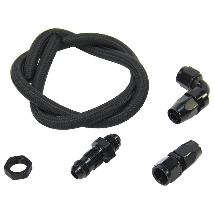00-35041-B-S 8AN Pressure Relief Kit, 90-Degree to Straight Bulk Head/3' Steel Braided Hose/Black Fittings