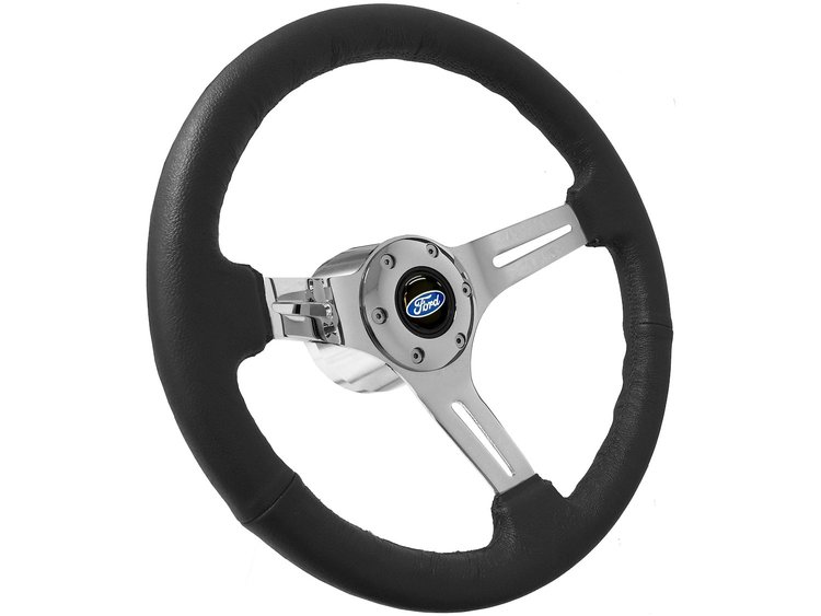 S6 Sport Steering Wheel Kit for 1968-1973 Ford/Mercury, 14 in. Diameter, Black Leather Grip, with 6-Bolt Adapter and Horn Button