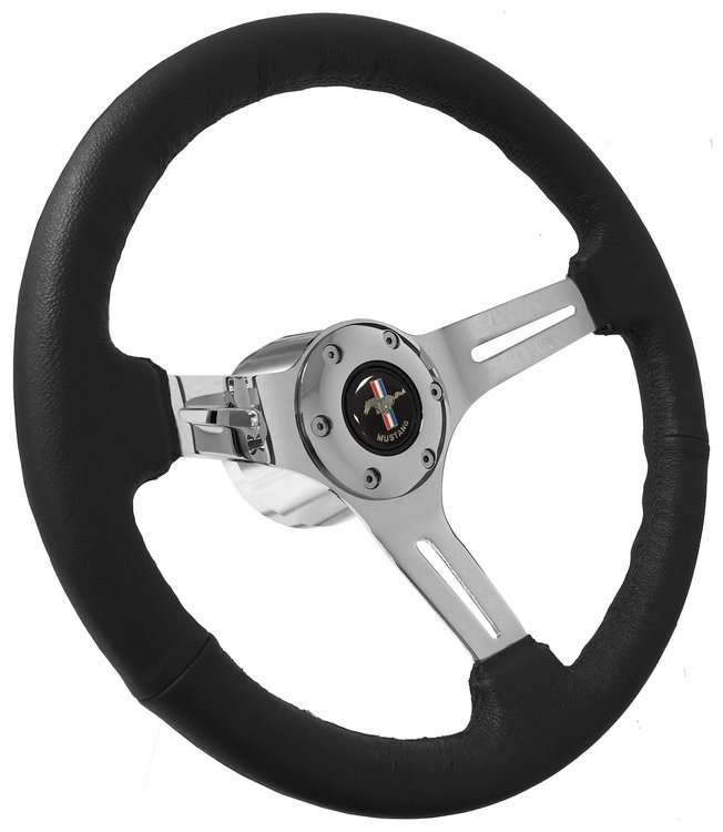 S6 Sport Steering Wheel Kit for 1968-1991 Ford/Mercury, 14 in. Diameter, Black Leather Grip, with 6-Bolt Adapter and Horn Button